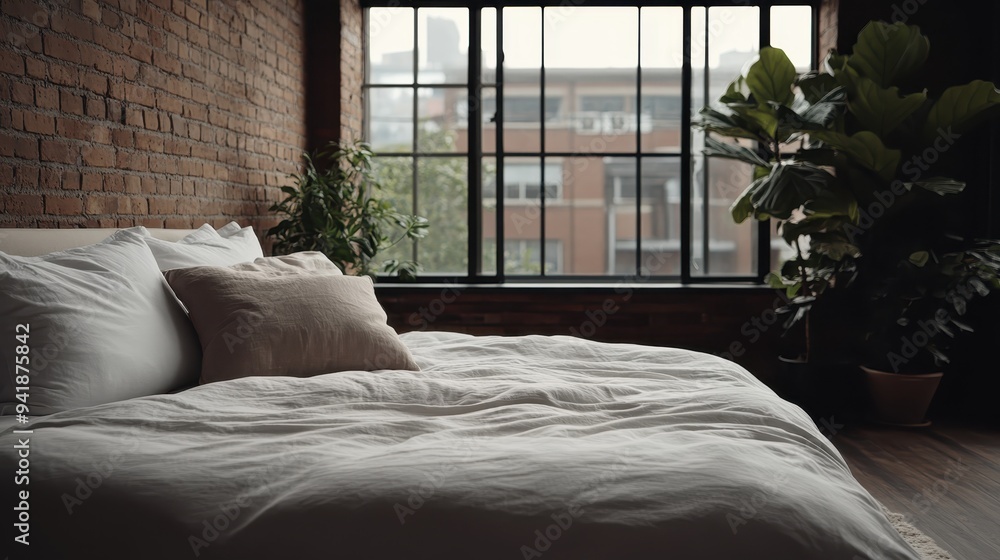 This modern, minimalist bedroom features a cozy bed with white linens next to a large urban window, accented with lush green plants, creating a tranquil ambiance. This modern, minimalist bedroom features a cozy bed with white linens next to a large urban window, accented with lush green plants, creating a tranquil ambiance.