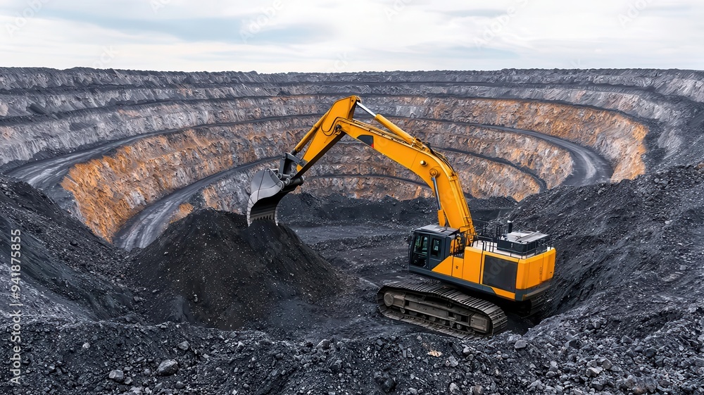 A giant excavator digging into a vast open-pit mine, layers of earth and rock exposed, photorealistic, hyper-resolution, large-scale mining operation A giant excavator digging into a vast open-pit mine, layers of earth and rock exposed, photorealistic, hyper-resolution, large-scale mining operation