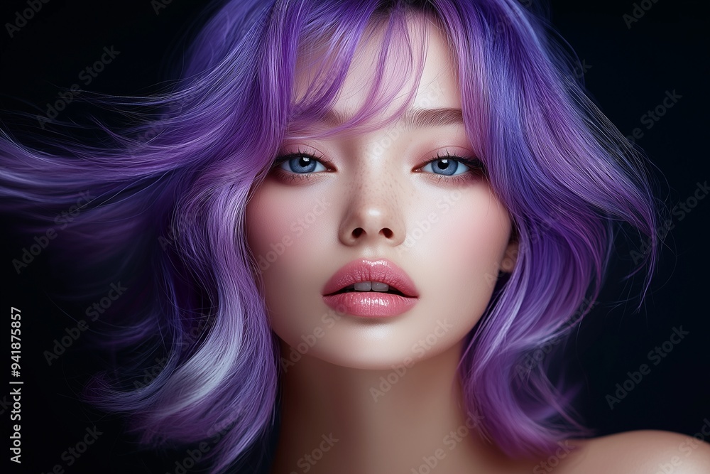 a woman with flying hair in all shades of purple a woman with flying hair in all shades of purple