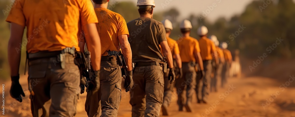 A line of miners walking through a dusty trail carrying heavy equipment toward a remote mining site, photorealistic, hyper-resolution, harsh and demanding work A line of miners walking through a dusty trail carrying heavy equipment toward a remote mining site, photorealistic, hyper-resolution, harsh and demanding work
