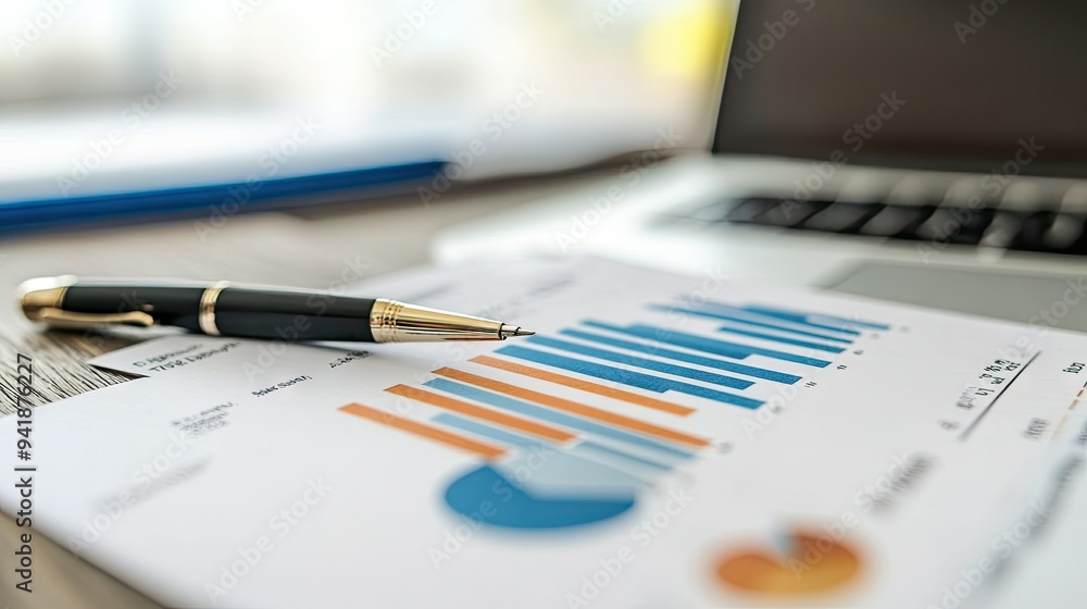 Detailed view of a financial report with bar graphs and pie charts on a desk with a laptop and pen Detailed view of a financial report with bar graphs and pie charts on a desk with a laptop and pen