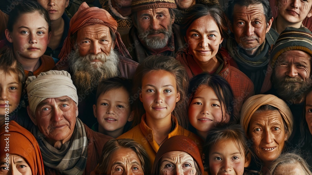 A powerful generational portrait portraying a diverse group of old and young individuals, highlighting wisdom, youth, and a sense of community.