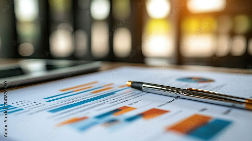 Detailed view of a financial report with complex graphs, charts, and numbers on a modern office desk - Detailed view of a financial report with complex graphs, charts, and numbers on a modern office desk -