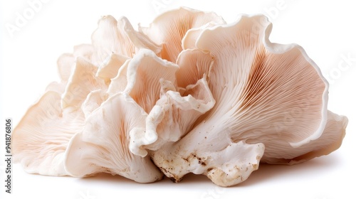 Detailed image of fresh oyster mushrooms showcasing their delicate and intricate gills against a bright white background, emphasizing their texture and freshness.