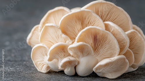 A cluster of fresh oyster mushrooms is set against a soft grey background, demonstrating their natural beauty, intricate gills, and suitability for gourmet cooking. photo