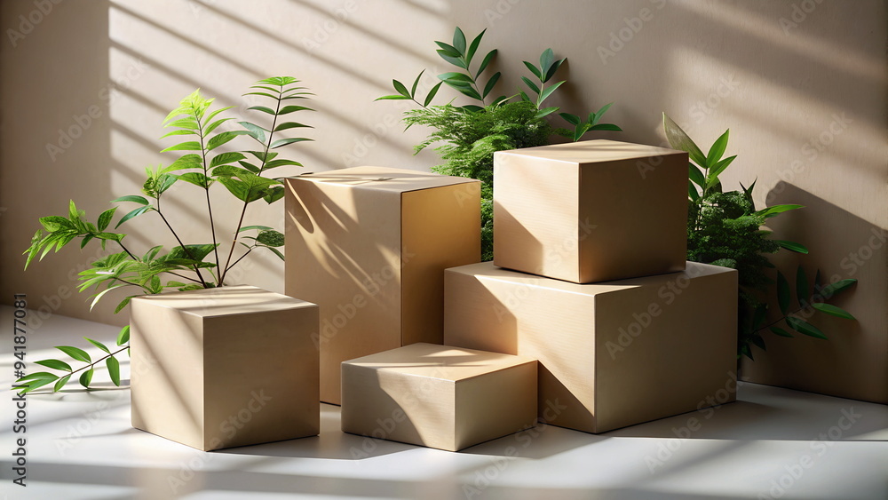 Boxes Packaging Mockup on beige background with leaves and sunlight shadows. banner Boxes Packaging Mockup on beige background with leaves and sunlight shadows. banner