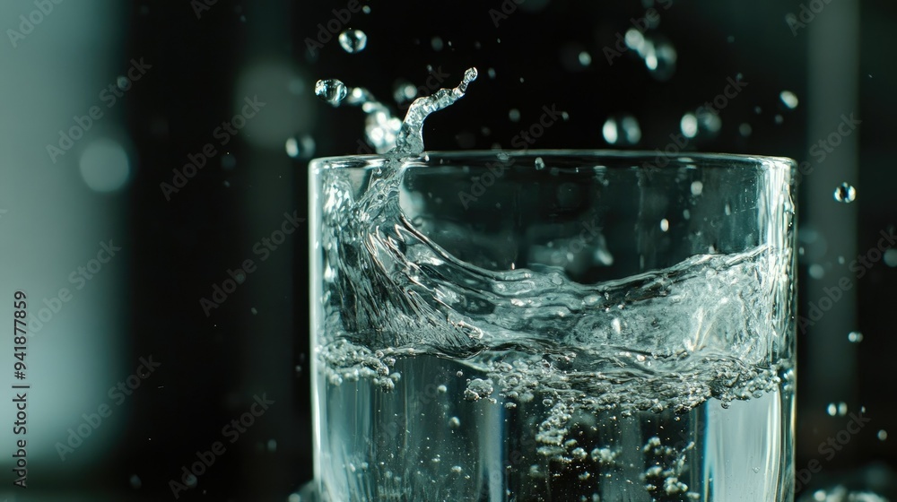 Detailed view of a glass of water with a splash of water and droplets Detailed view of a glass of water with a splash of water and droplets