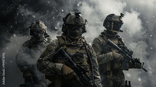 Three soldiers outfitted in full tactical gear, holding rifles, and surrounded by smoke on a battlefield.