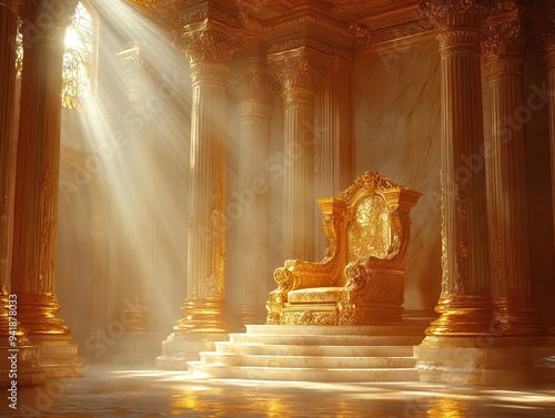 opulent royal throne room ornate golden chair atop marble dais gilded pillars luxurious drapery sunbeams streaming through stained glass windows photo