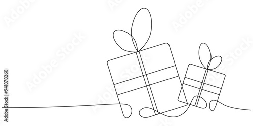 Continuous one line vector illustration of Christmas Present box. Wrapped surprise package
