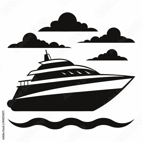 Classic Silhouette Luxury Yacht on Waves in Black and White