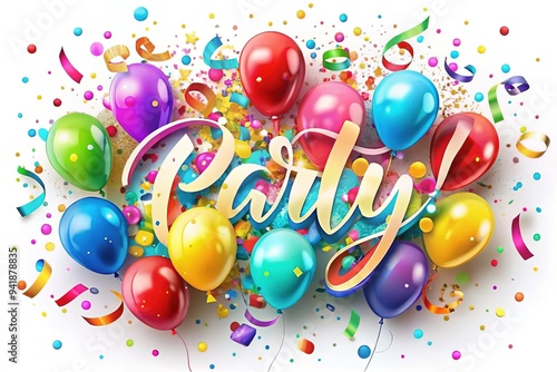 Colorful balloons and confetti surround a vibrant, stylized logo featuring a bold, cursive font and a whimsical illustration of a celebratory party atmosphere. photo