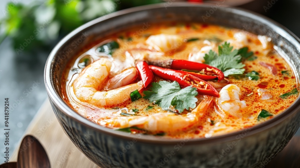 Detailed view of a hot bowl of Tom Yum Goong with vibrant red chili slices and fresh cilantro, served in a traditional Thai bowl Detailed view of a hot bowl of Tom Yum Goong with vibrant red chili slices and fresh cilantro, served in a traditional Thai bowl
