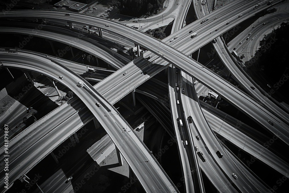 Obraz premium Aerial view of a complex freeway interchange in Los Angeles, California.