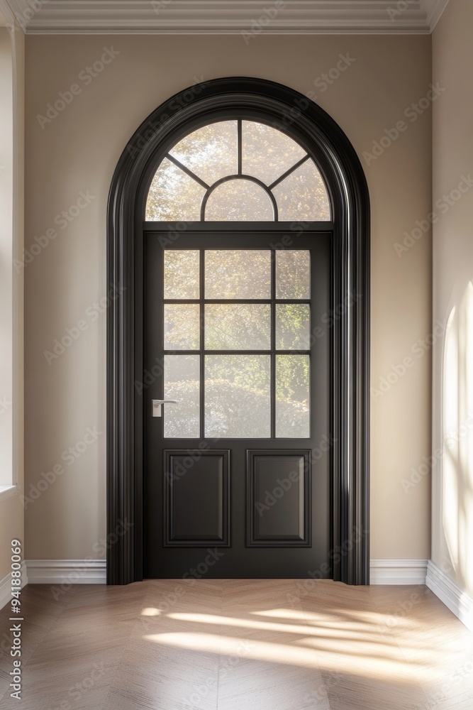 Elegant black door with arched frosted glass window in a beige-walled interior, with natural light illuminating the wooden floor. Elegant black door with arched frosted glass window in a beige-walled interior, with natural light illuminating the wooden floor.