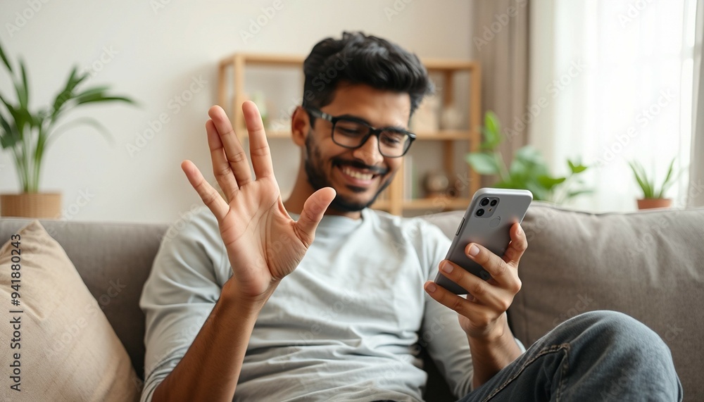 Young Indian Man Sitting on Sofa at Home, Looking at Mobile Phone Screen and Celebrating Success with a Happy Gesture Young Indian Man Sitting on Sofa at Home, Looking at Mobile Phone Screen and Celebrating Success with a Happy Gesture