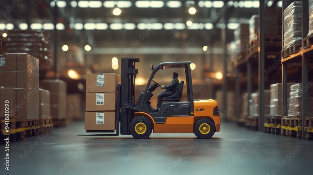 A man drives a forklift in a warehouse. A man drives a forklift in a warehouse.