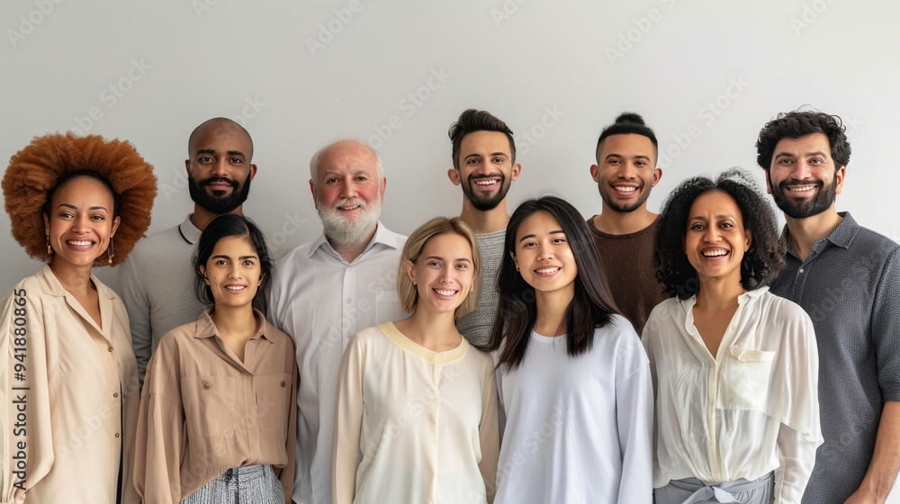 A diverse and friendly group of ten individuals stands together, each smiling at the camera with a plain background. A diverse and friendly group of ten individuals stands together, each smiling at the camera with a plain background.