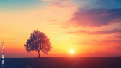 Detailed view of a lone tree silhouetted against a bright sunrise, with a gradient of warm colors and soft clouds