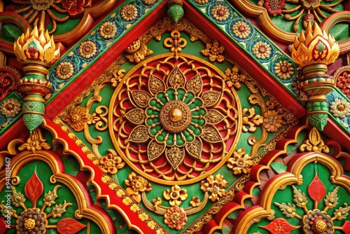 - rich red, gold, and green colors, intricate patterns, Asian motifs, exotic