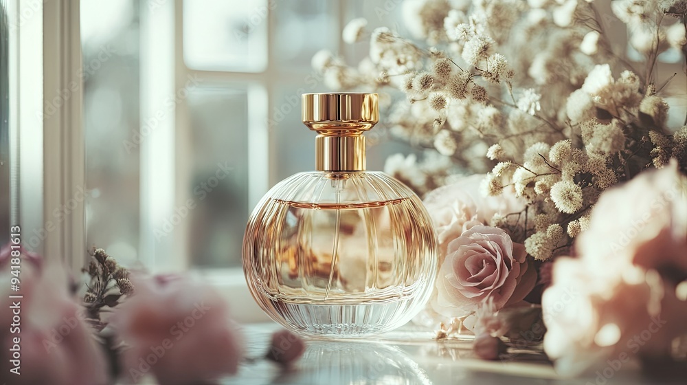 Detailed view of a luxury perfume bottle with a gold cap and clear liquid, surrounded by flowers and a chic background - Detailed view of a luxury perfume bottle with a gold cap and clear liquid, surrounded by flowers and a chic background -