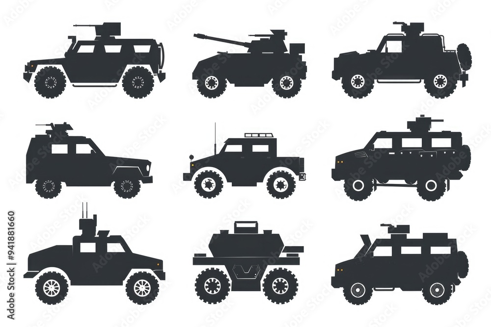 A set of military vehicles on a white background A set of military vehicles on a white background