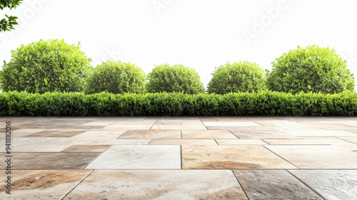 Stone Patio with Green Shrubs.