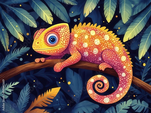 playful cartoon chameleon perched on tropical branch vibrant colors morphing into surroundings whimsical jungle background with space for text photo