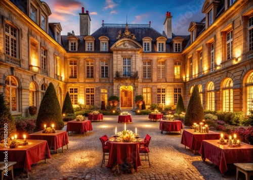 Romantic Starlit Chateau: Elegant architecture, candlelit courtyard, rich reds, golden accents, opulent