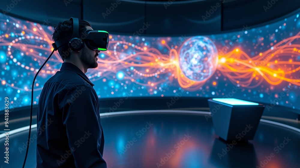 Virtual Reality Galaxy Exploration, A man wearing a VR headset stands immersed in a futuristic room. A vibrant abstract galaxy swirls on a large screen behind him, filled with colorful lines and depth Virtual Reality Galaxy Exploration, A man wearing a VR headset stands immersed in a futuristic room. A vibrant abstract galaxy swirls on a large screen behind him, filled with colorful lines and depth