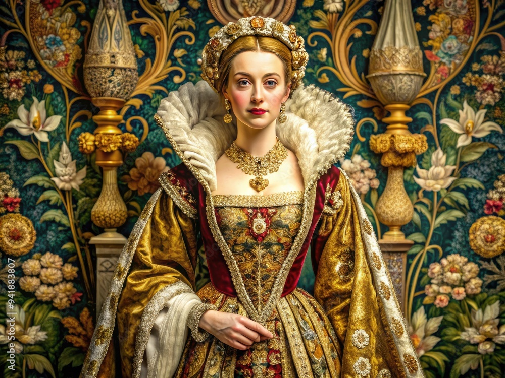 Obraz premium Royal Tapestry: Majestic, elegant, woman in regal attire, rich brocades, gilded accents