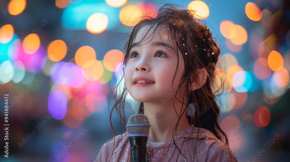 A young girl joyfully sings into a microphone beneath colorful city lights on a rainy evening. Generative AI
