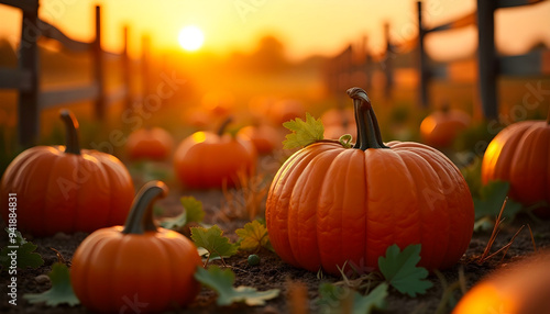 A pumpkin field at sunset, enveloped in a gentle fog. The warm colors of the sunset contrast beautifully with the silhouettes of pumpkins, creating a serene and enchanting atmosphere.

 photo