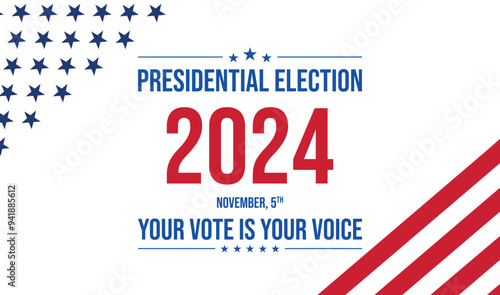 USA 2024 Presidential Election background with American flag colors design. Election event banner, card, poster, template, voting communication, background. Vote day, November 5. Vector illustration.