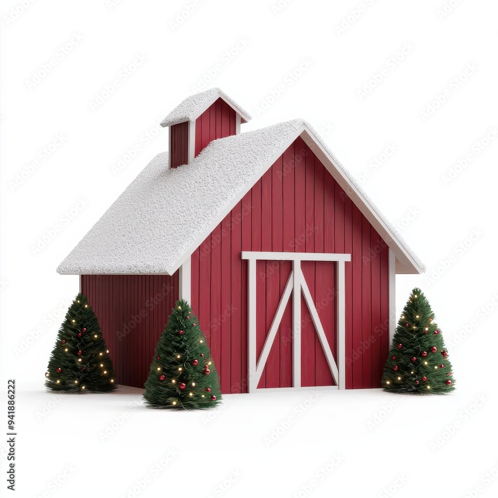 Naklejka premium A charming red barn adorned with festive Christmas decorations and surrounded by snow-covered trees.