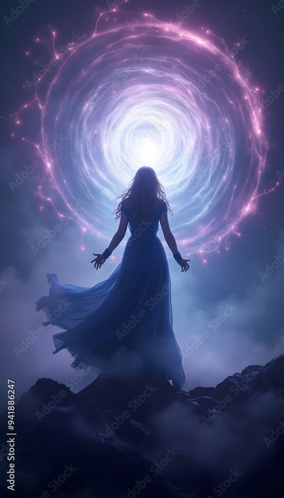 A woman dressed as a witch stands against a glowing circle, exuding an air of mystery and magic. The enchanting backdrop enhances the witch's aura, creating a captivating scene.
A woman dressed as a witch stands against a glowing circle, exuding an air of mystery and magic. The enchanting backdrop enhances the witch's aura, creating a captivating scene.