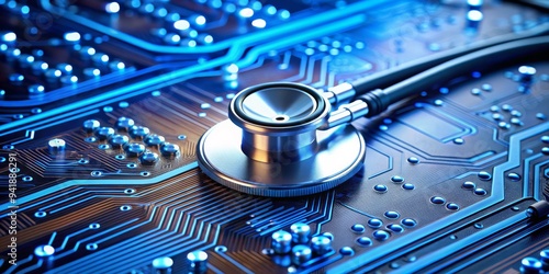 Stethoscope on a Blue Circuit Board, Medical Technology, Healthcare, Diagnosis, Digital Health