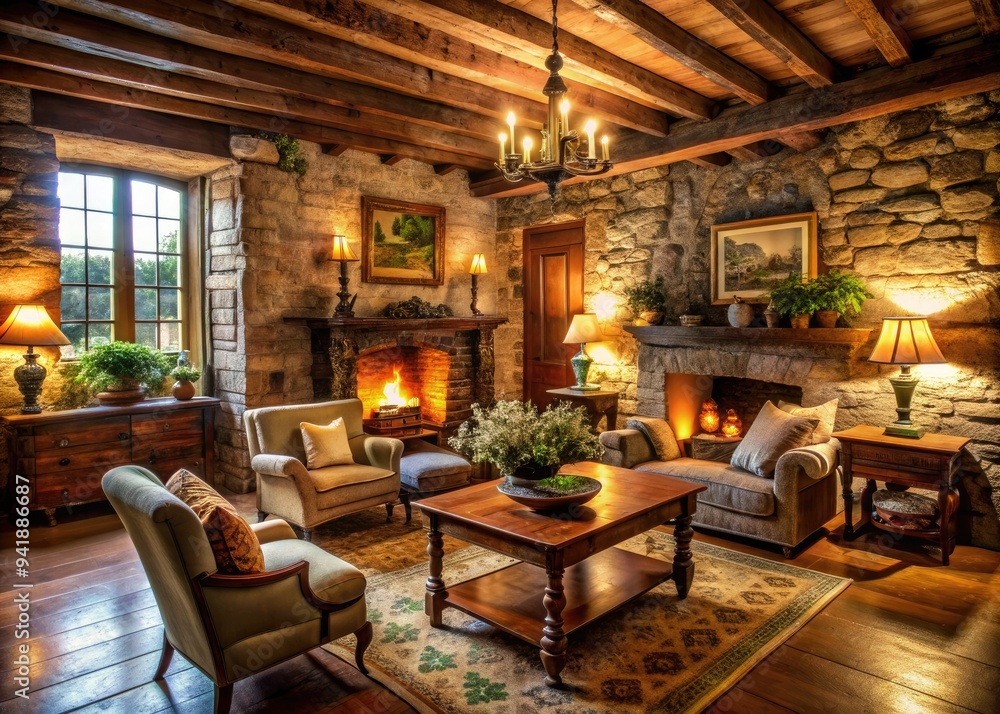 Fototapeta premium Rustic Charm: Distressed wood, natural stone, antique furnishings, warm lighting, cozy ambiance