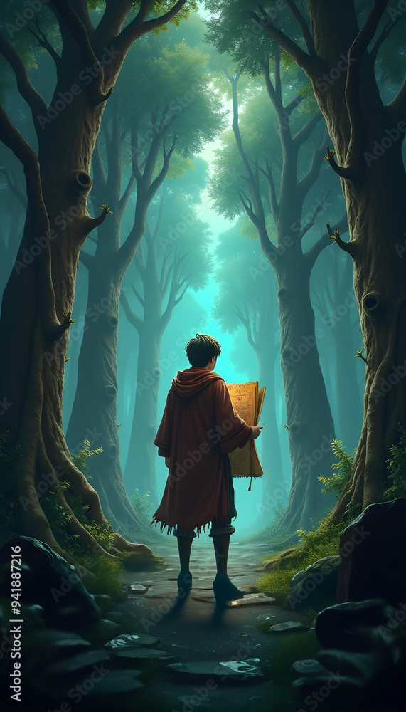 A boy standing in a magical forest, holding a map that guides his adventure. The enchanting surroundings create a sense of wonder and exploration, highlighting his curiosity and spirit. A boy standing in a magical forest, holding a map that guides his adventure. The enchanting surroundings create a sense of wonder and exploration, highlighting his curiosity and spirit.