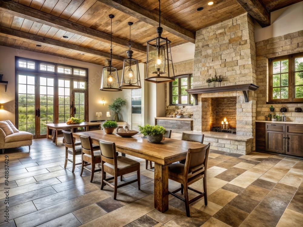 Fototapeta premium Rustic Farmhouse: Distressed travertine and reclaimed wood tile, capturing the warmth and simplicity of farmhouse living.