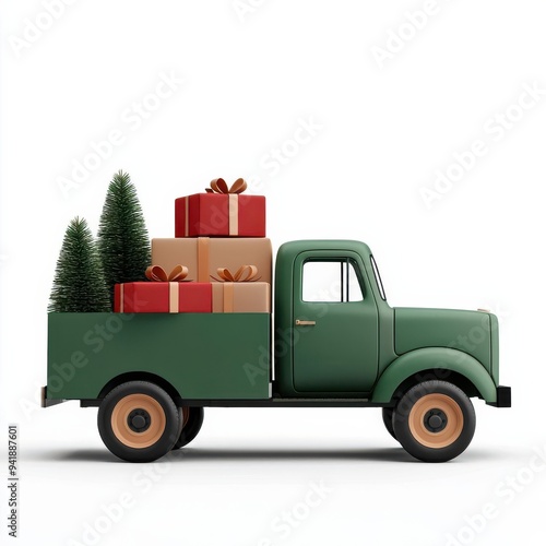 A vintage green truck carrying Christmas gifts and trees, ideal for holiday-themed designs and festive decorations.