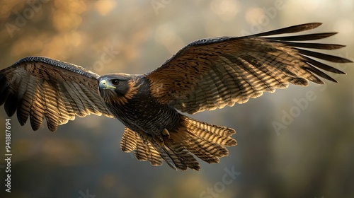 Detailed view of a soaring bird with outstretched wings, capturing its feather details in flight