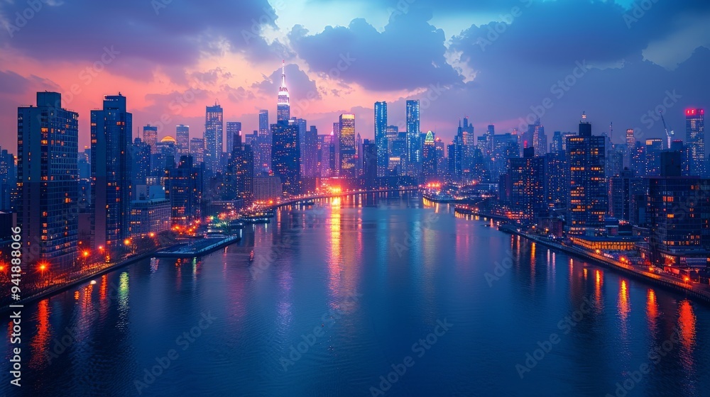 Obraz premium A breathtaking twilight view of a vibrant city skyline reflected over a shimmering river. Generative AI