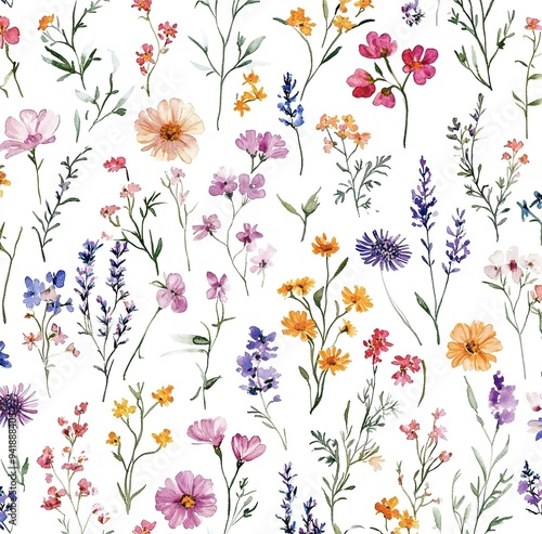 Illustration of a pattern of wild flowers with a white background