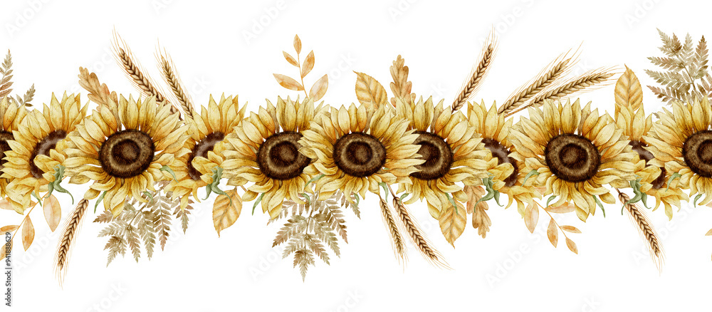 Obraz premium Sunflowers watercolor seamless border with spikelets and autumn branches. Illustration of fall yellow Flowers and wheats for harvest festival greeting cards or wedding invitations. Pattern for frame.