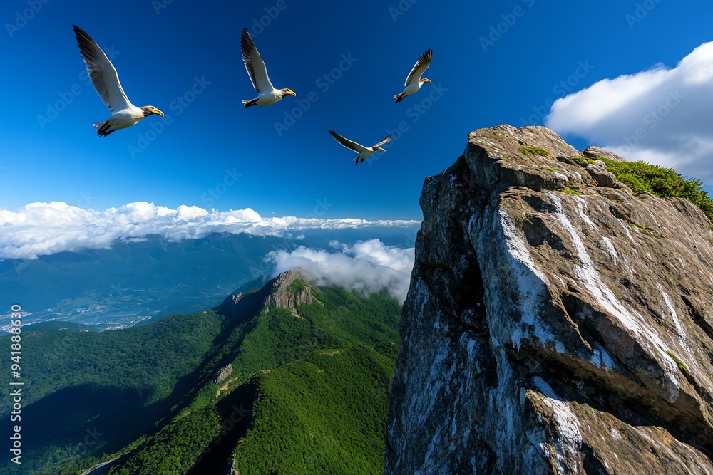 Beautiful birds soaring over a mountain range in a travel-themed photo, emphasizing the grandeur of nature Beautiful birds soaring over a mountain range in a travel-themed photo, emphasizing the grandeur of nature