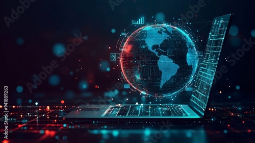 Digital World Connection: Flat Graphic Laptop with Holographic Globe and Tech Symbols on Screen, Technology Global Theme Illustration with Copy Space