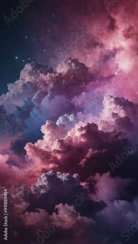 An abstract design with pink and purple clouds sprinkled with stardust