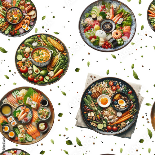 Seamless vibrant assorted sushi platter with dipping sauce on a patterned plate. Generative ai.