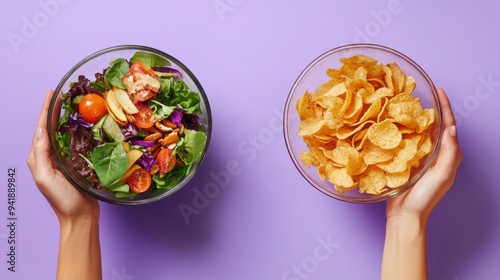 A salad and a bag of potato chips, both held in the hands of a person.